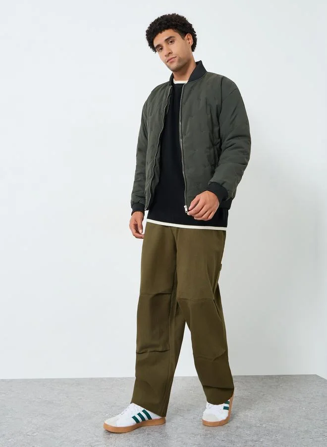 Styli Men Green Relaxed Quilted Bomber Jacket